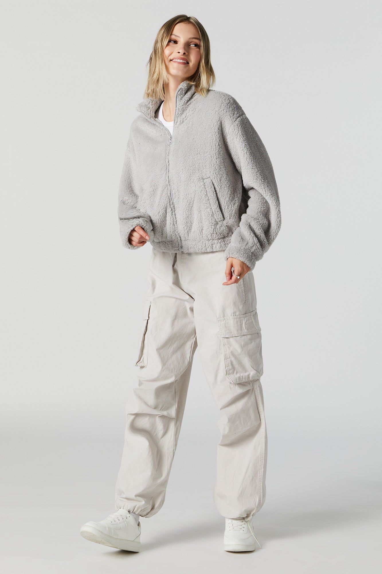 Grey Plush Bomber Jacket sold by Charlotte Russe product image thumbnail 3