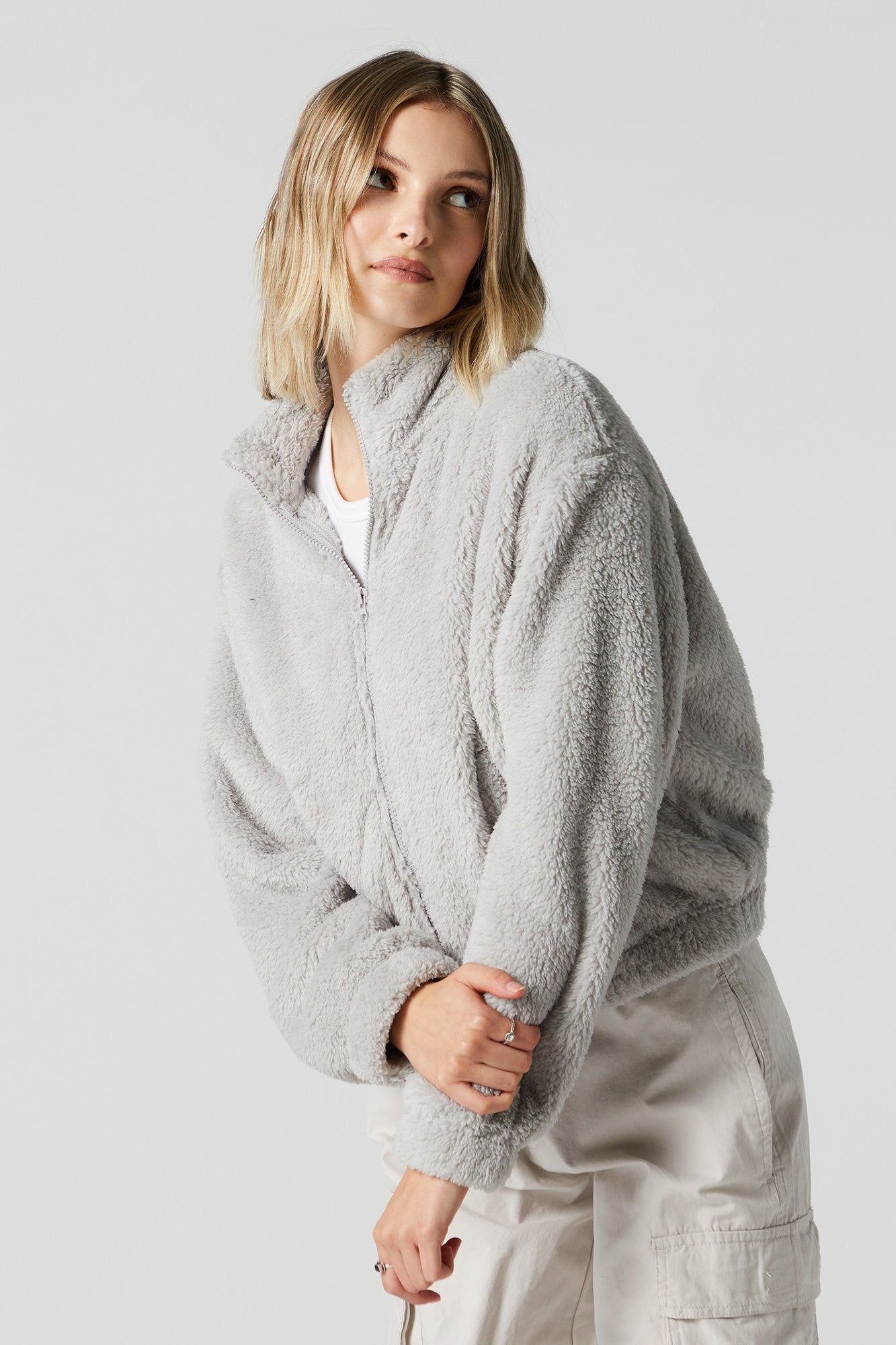 Grey Plush Bomber Jacket sold by Charlotte Russe