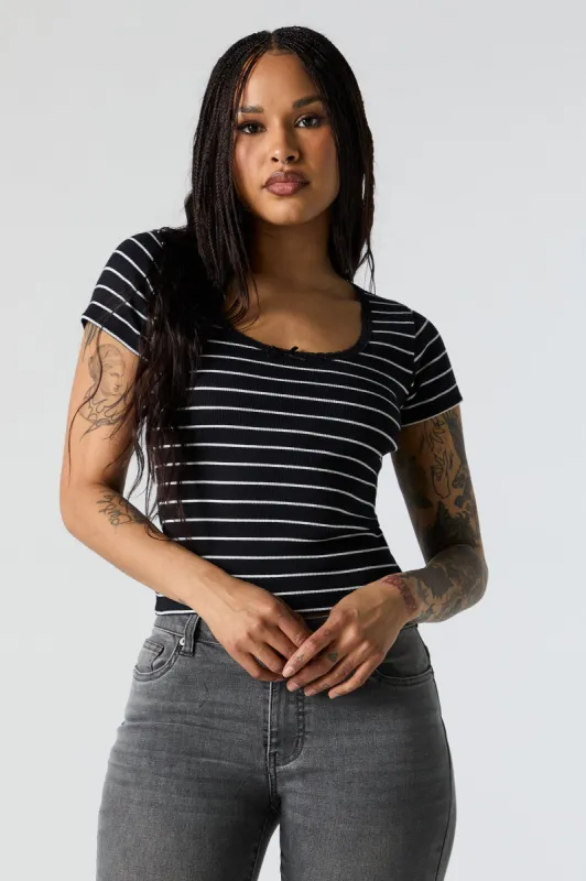 Striped Ribbed Lace Bow Trim T-Shirt made by Stitches