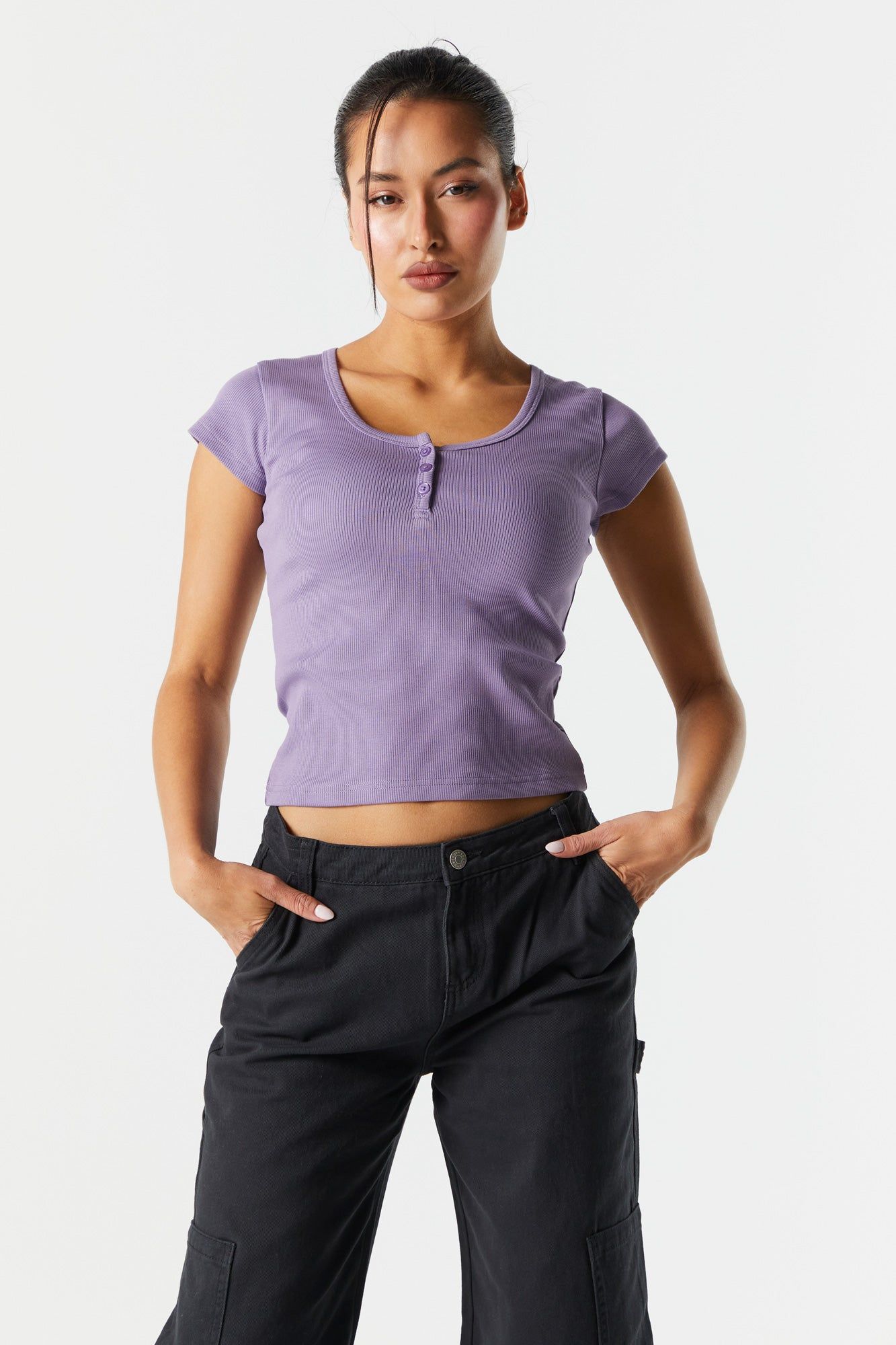 Colored Ribbed Henley Skimmer Top sold by Charlotte Russe