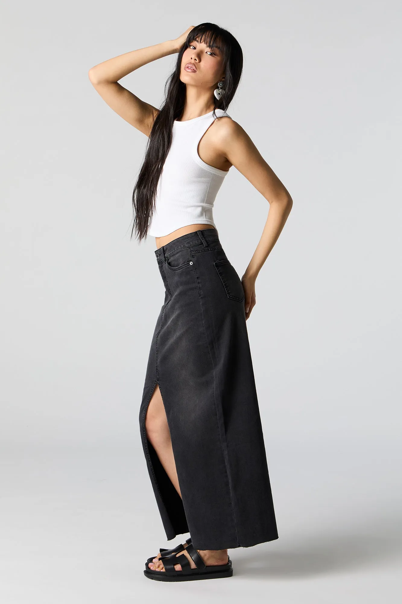 Black Wash Denim Front Slit Maxi Skirt sold by Charlotte Russe product image thumbnail 2
