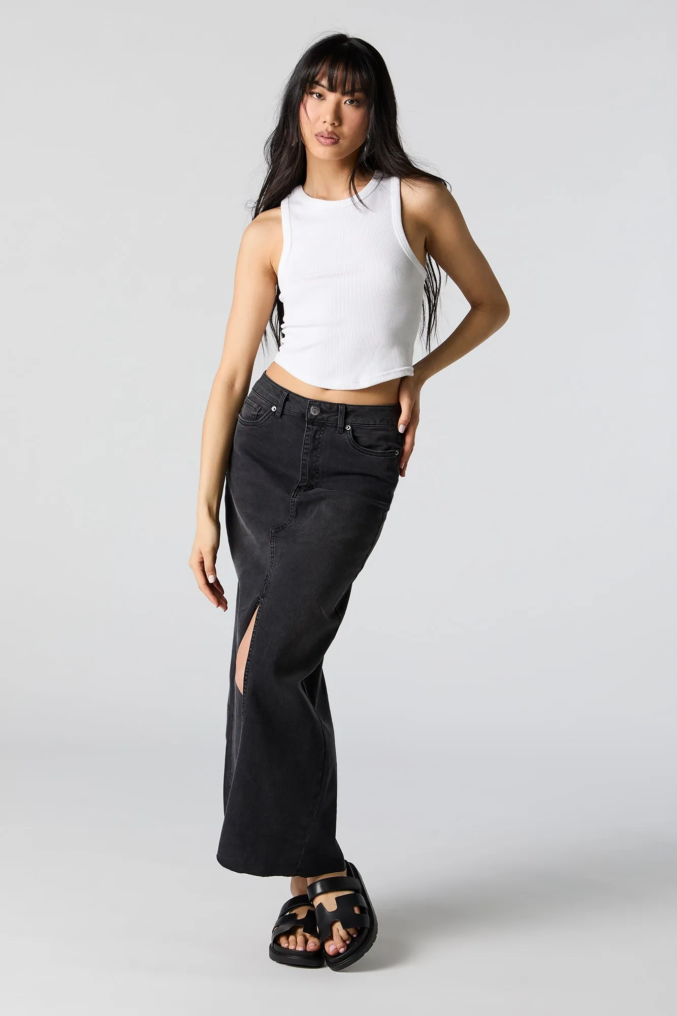 Black Wash Denim Front Slit Maxi Skirt sold by Charlotte Russe