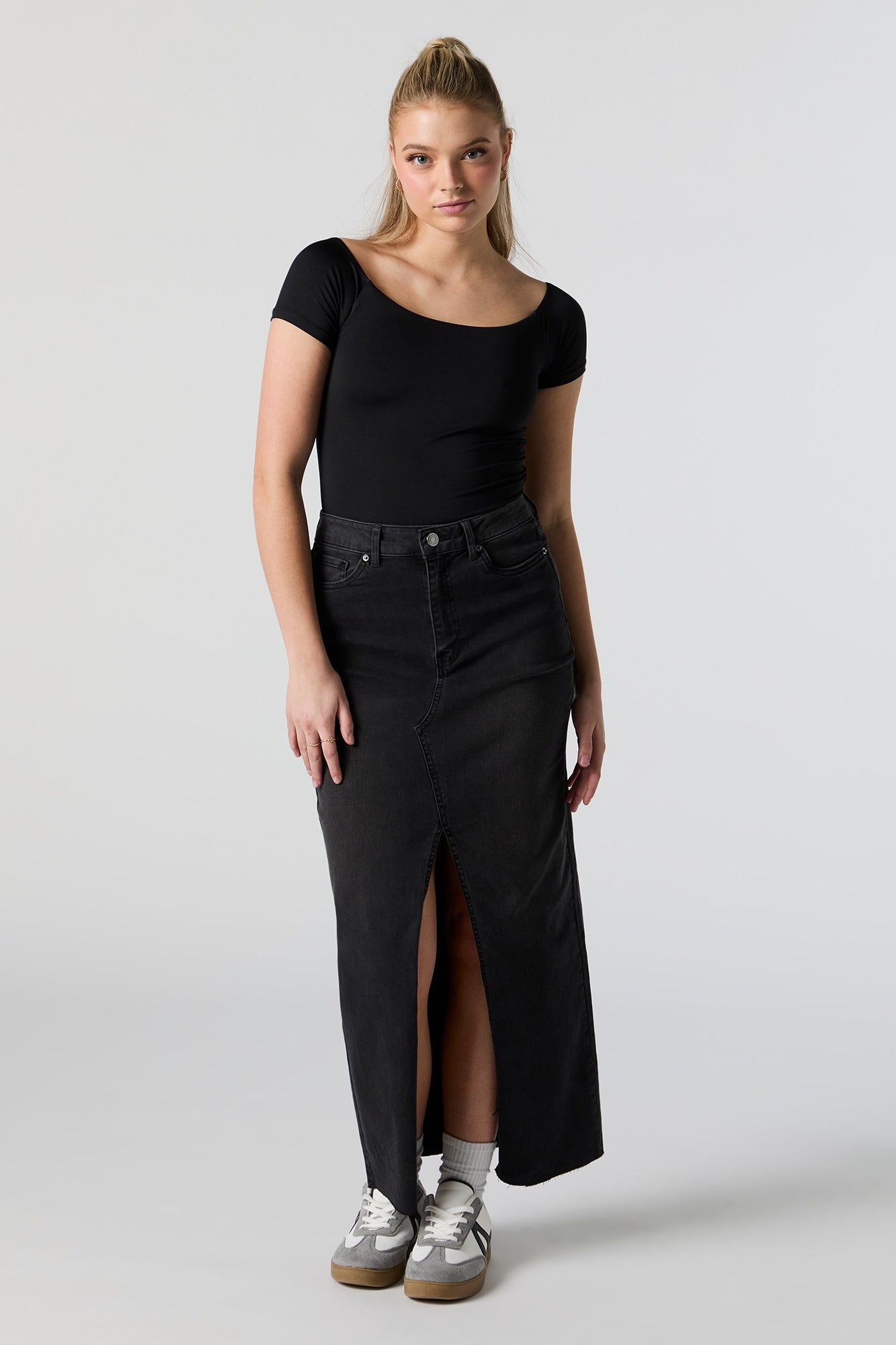 Denim Front Slit Maxi Skirt sold by Charlotte Russe