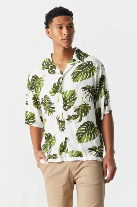 Tropical Leaf Print Button-Up Shirt sold by Charlotte Russe