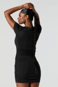 Black Contour Short Sleeve Ruched Mini Dress sold by Charlotte Russe