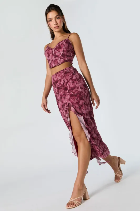 Floral Mesh Ruffle Slit Midi Skirt sold by Charlotte Russe