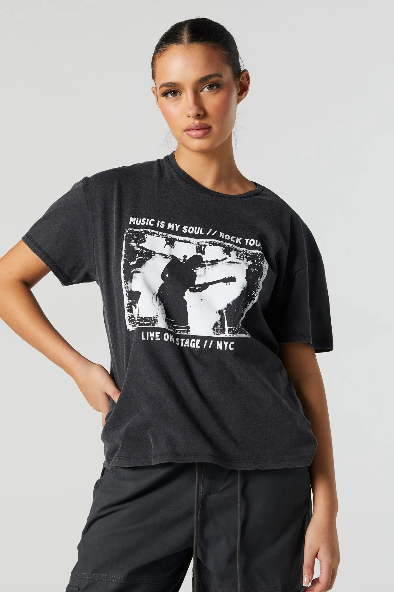 Rock Tour Graphic Boyfriend T-Shirt sold by Charlotte Russe