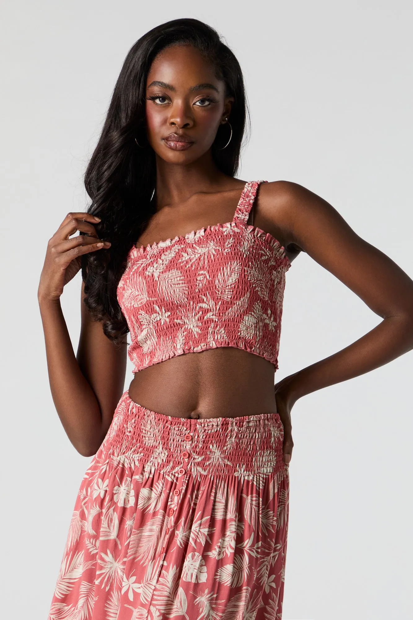 Leaf Print Smocked Cropped Tank sold by Charlotte Russe