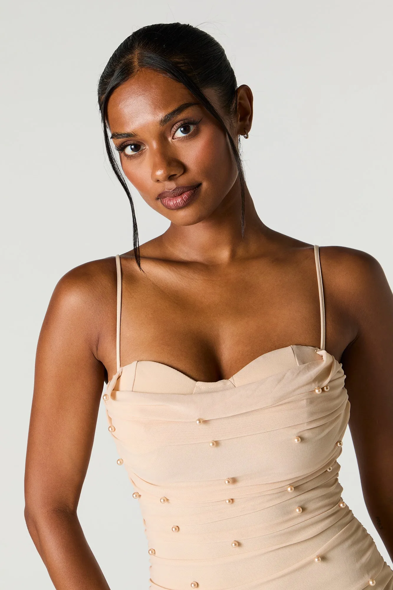 Faux Pearl Bustier Ruched Midi Dress sold by Charlotte Russe product image thumbnail 5