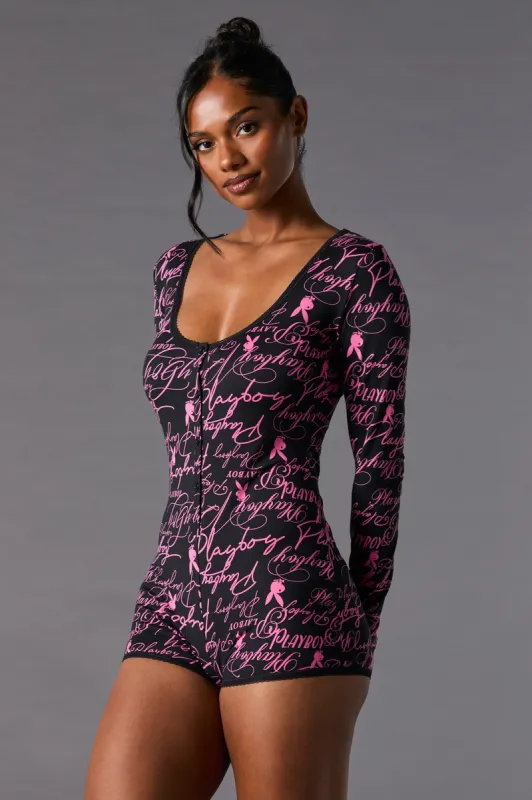 Playboy Print Lace Trim Pajama Romper sold by Charlotte Russe