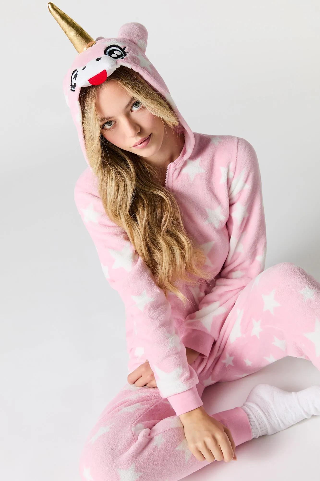 3D Unicorn Star Print Plush Onesie sold by Charlotte Russe