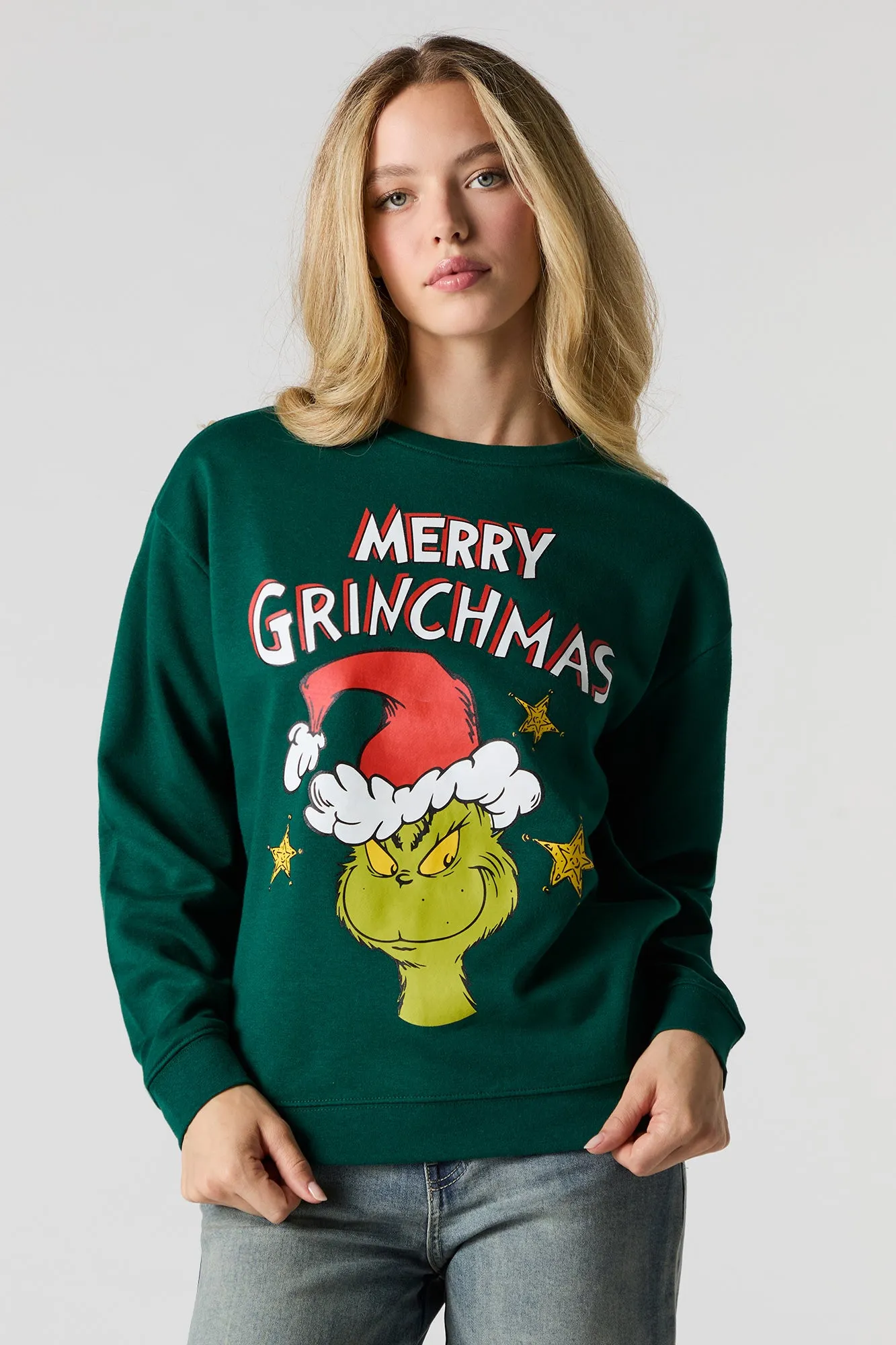 Merry Grinchmas Graphic Fleece Christmas Sweatshirt sold by Charlotte Russe