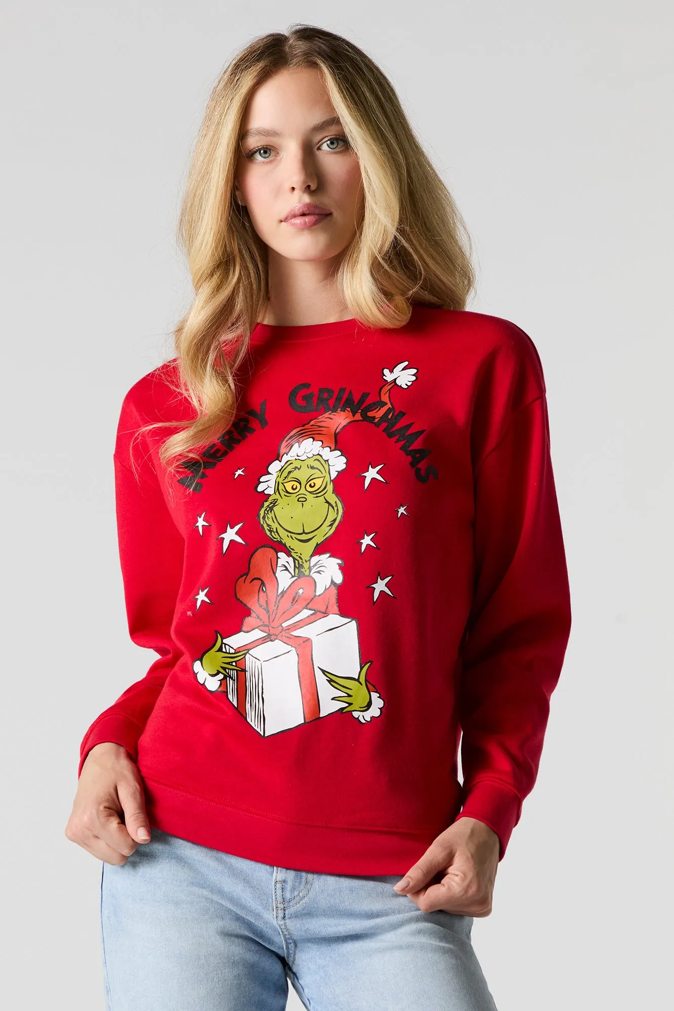 Merry Grinchmas Present Graphic Fleece Christmas Sweatshirt sold by Charlotte Russe