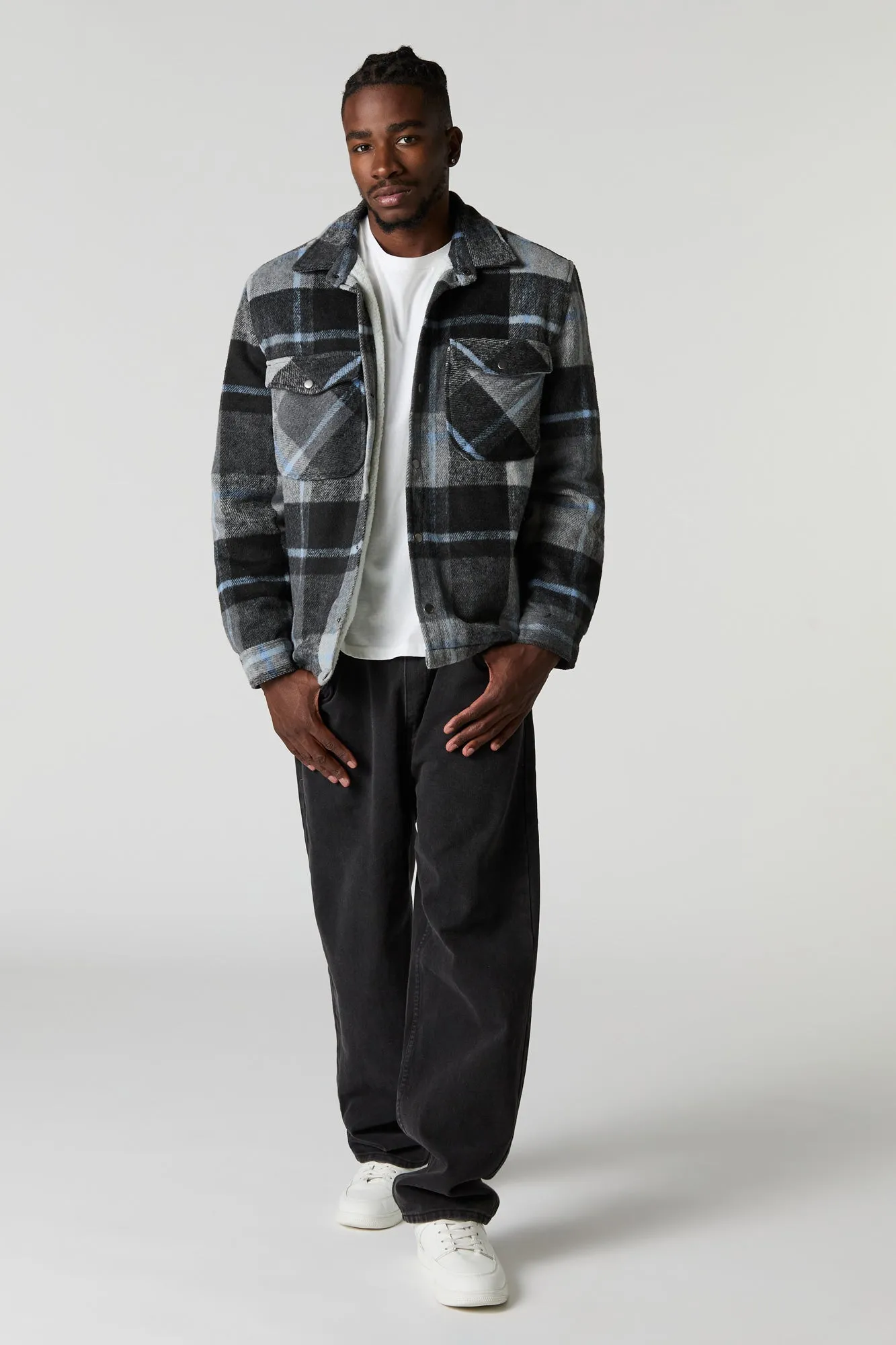Sherpa Lined Plaid Flannel Shacket sold by Charlotte Russe product image thumbnail 3