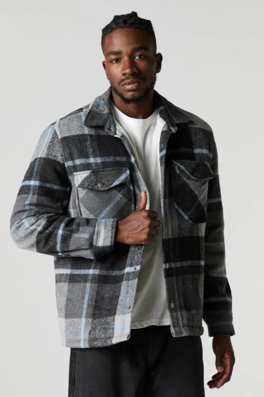 Sherpa Lined Plaid Flannel Shacket sold by Charlotte Russe