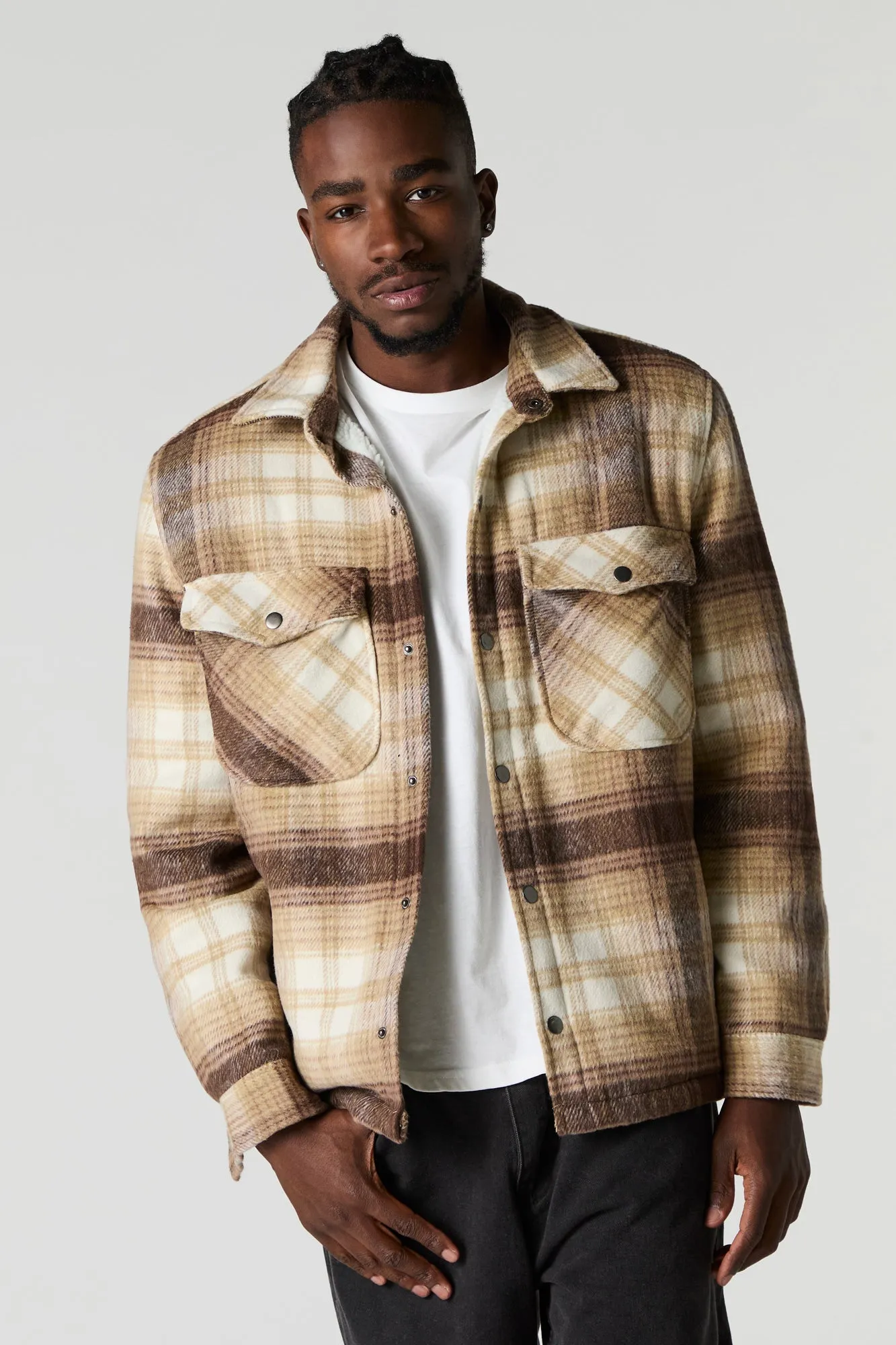 Sherpa Lined Plaid Flannel Shacket sold by Charlotte Russe product image thumbnail 5