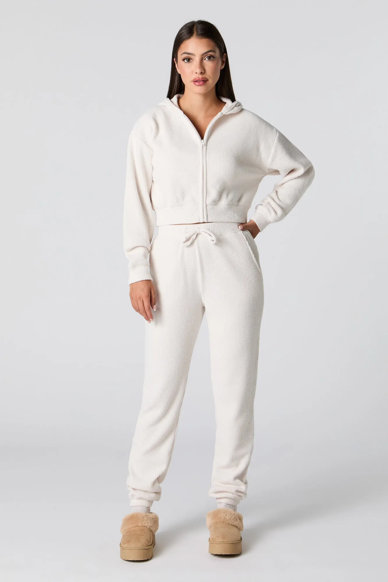 Waffle Knit Cropped Zip-Up Hoodie sold by Charlotte Russe product image thumbnail 3