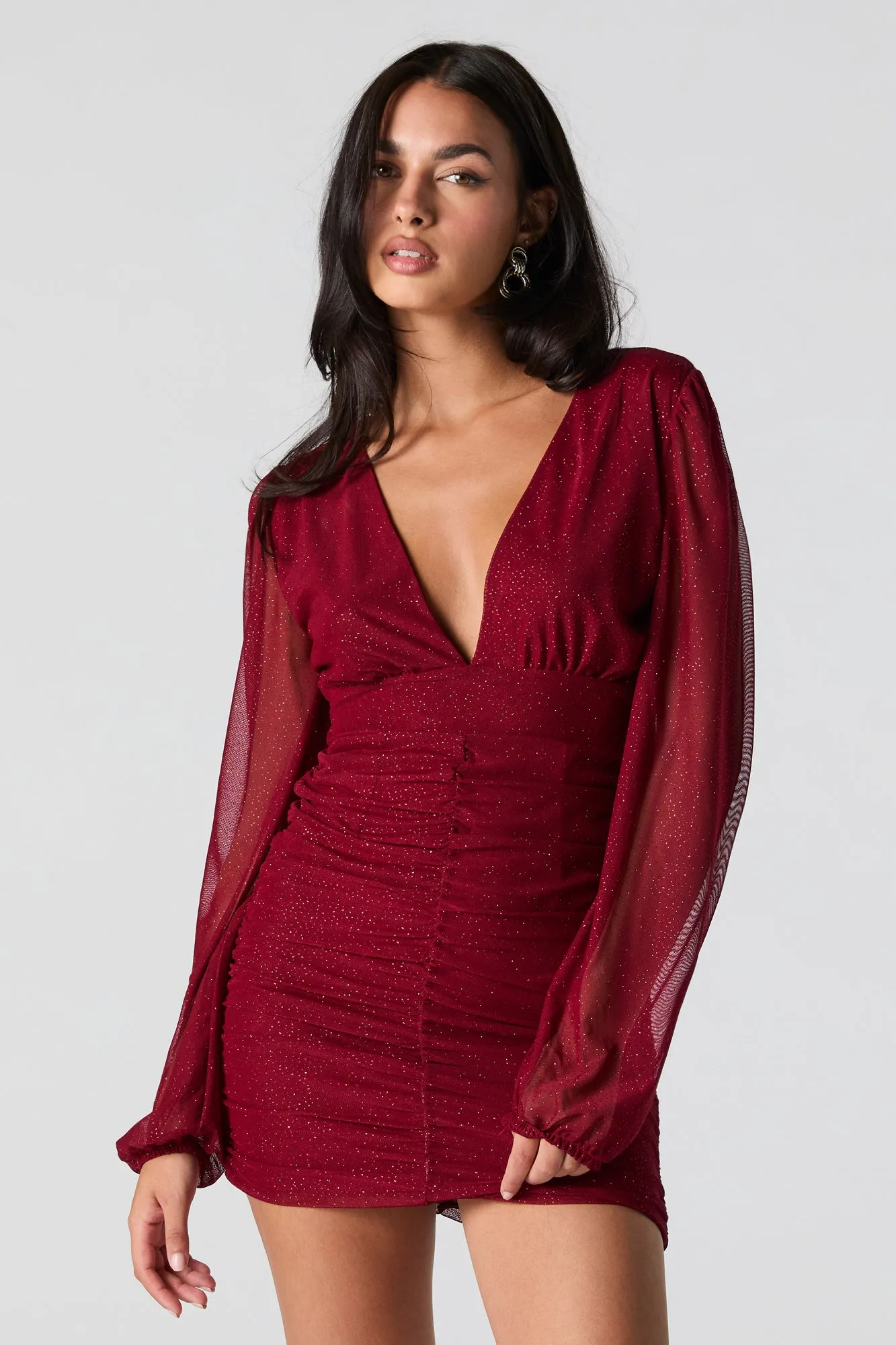 Sparkle Mesh Plunging Ruched Mini Dress sold by Charlotte Russe