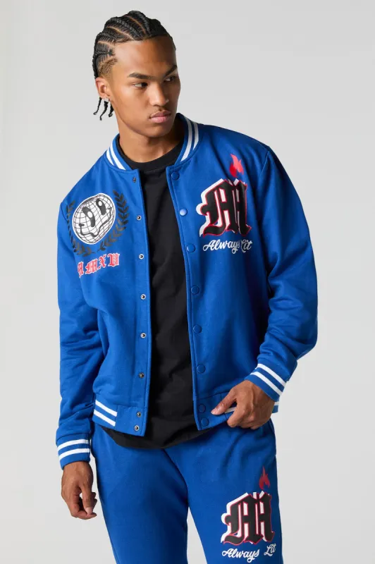 Graphic Fleece Varsity Jacket sold by Charlotte Russe