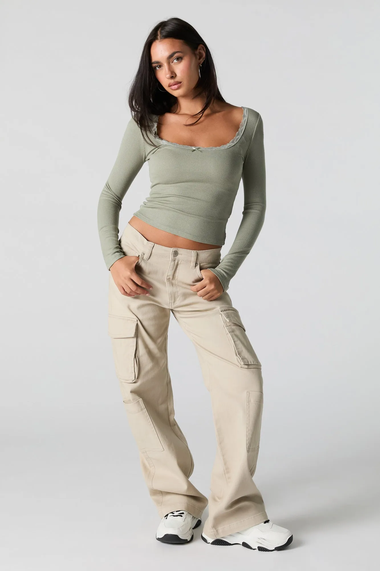 Ribbed Lace Trim Scoop Neck Long Sleeve Top sold by Charlotte Russe product image thumbnail 3