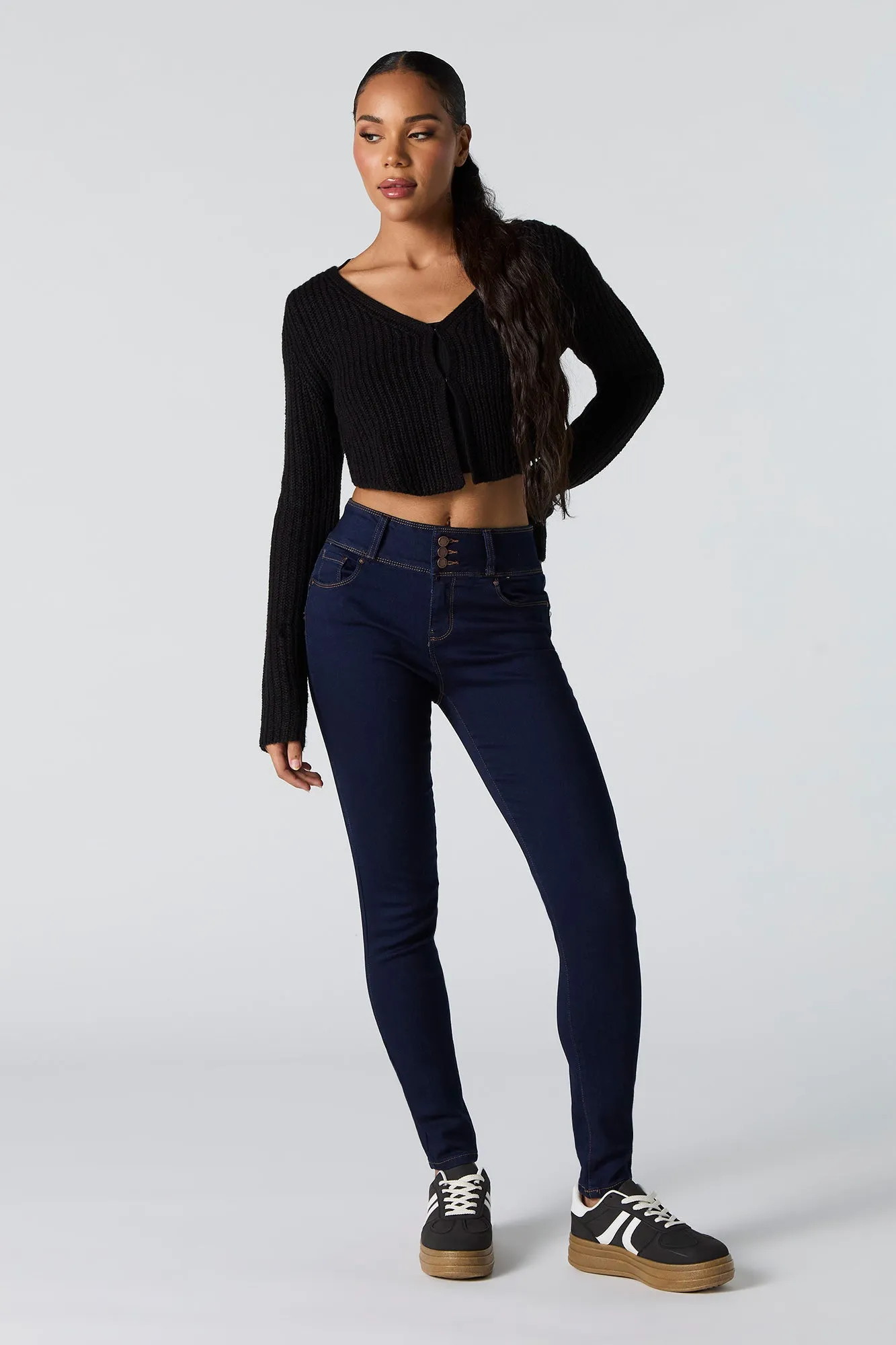 High Rise Triple Button Skinny Jean sold by Charlotte Russe