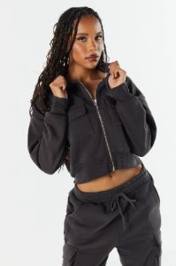 Fleece Cargo Pocket Zip-Up Hoodie sold by Charlotte Russe