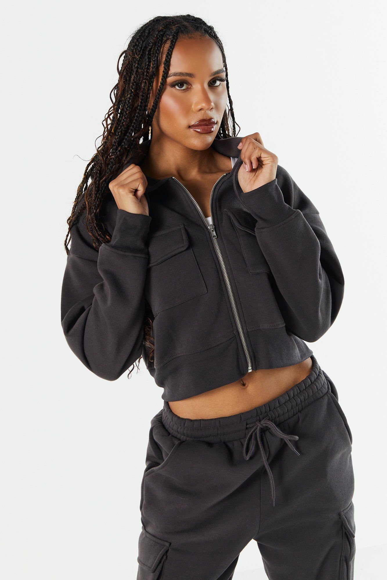 Fleece Cargo Pocket Zip-Up Hoodie sold by Charlotte Russe product image thumbnail 5
