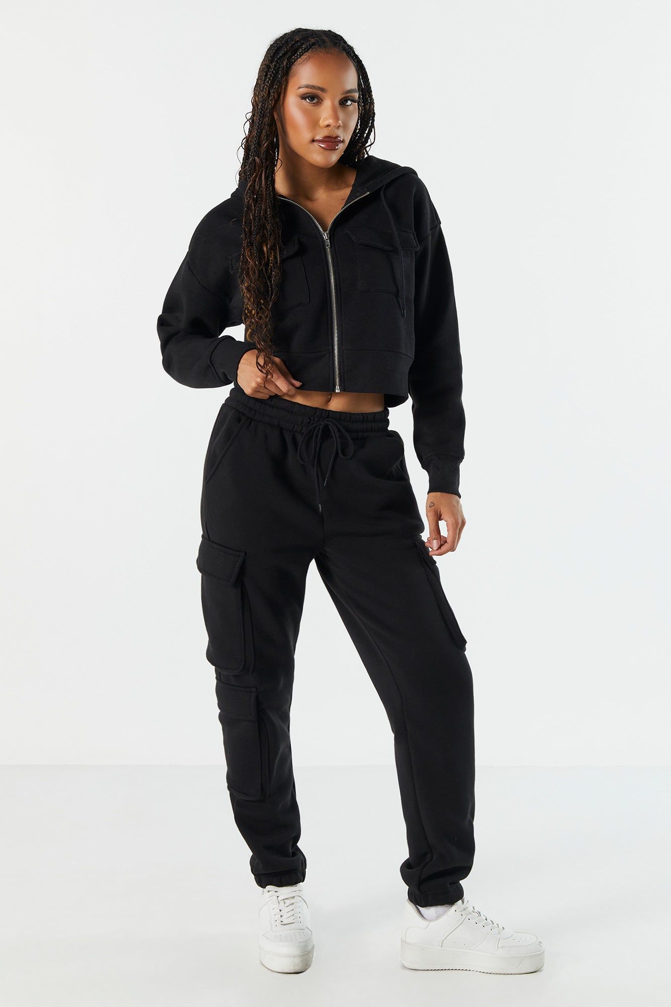 Fleece Cargo Pocket Zip-Up Hoodie sold by Charlotte Russe product image thumbnail 4