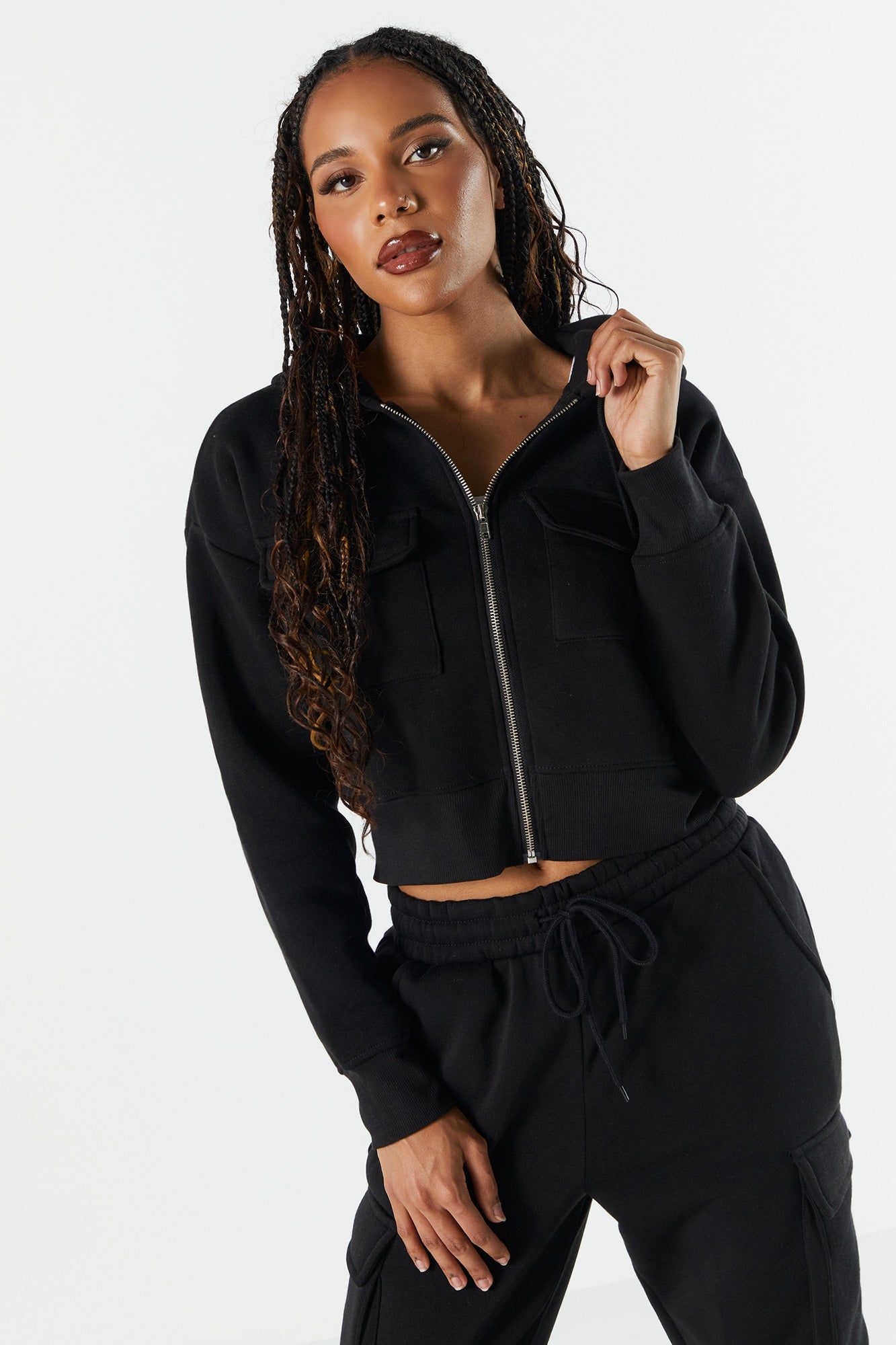 Fleece Cargo Pocket Zip-Up Hoodie sold by Charlotte Russe product image thumbnail 2