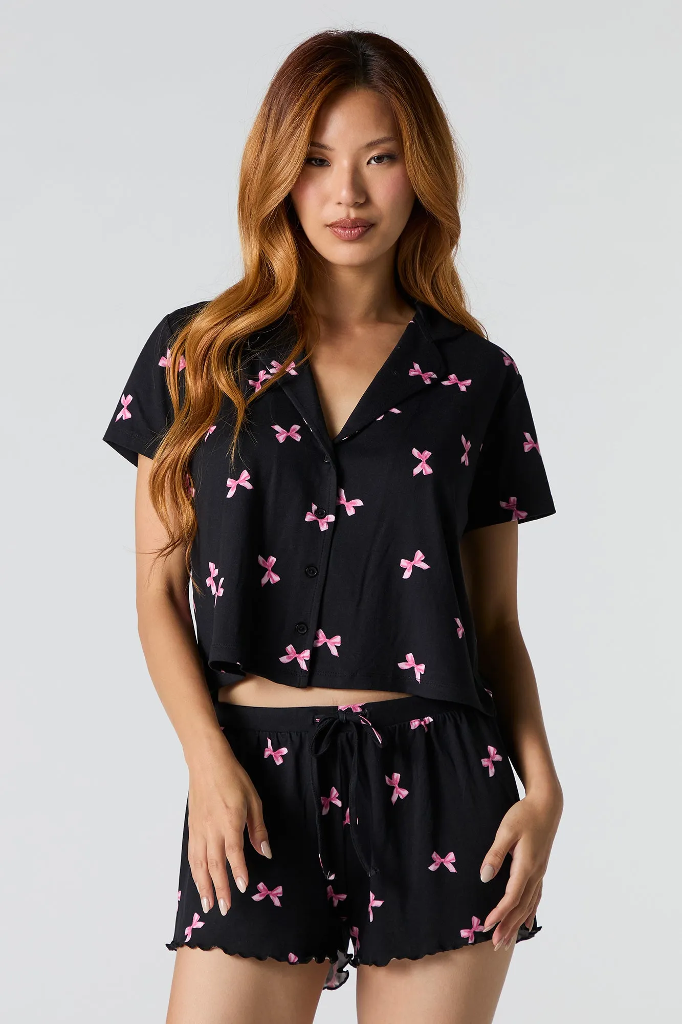 Printed Button-Up Top & Short 2 Piece Pajama Set sold by Charlotte Russe product image thumbnail 4