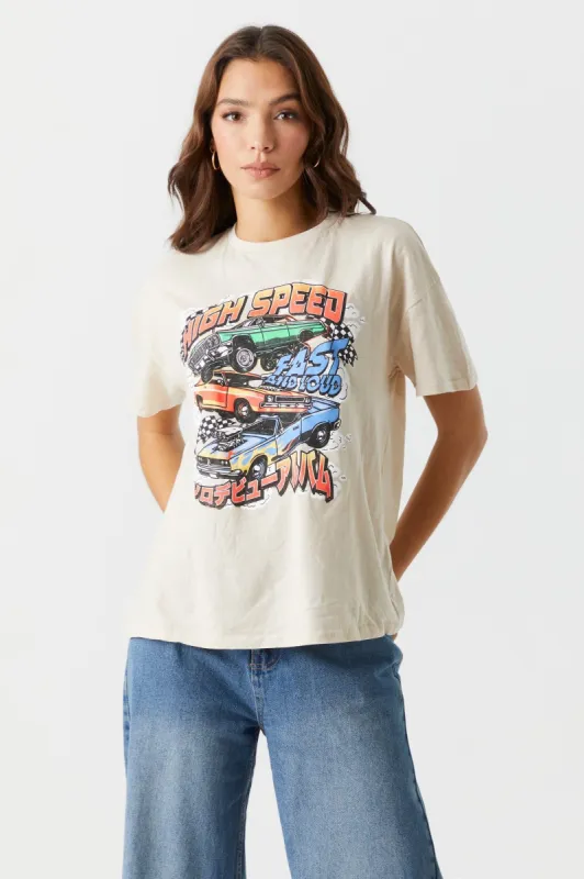 High Speed Cars Graphic Oversized T-Shirt sold by Charlotte Russe