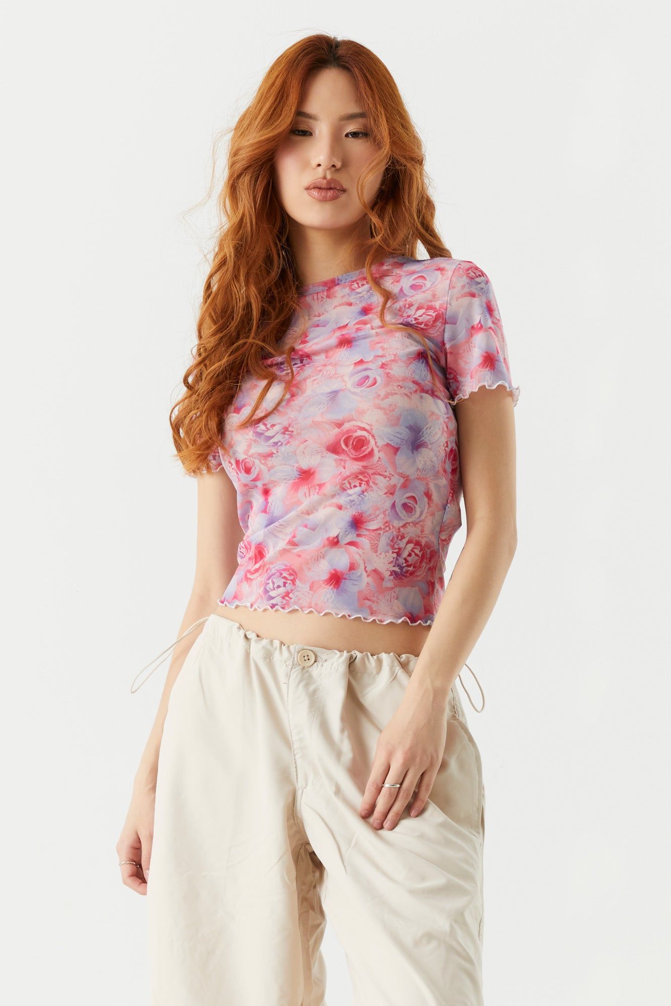 Flower Print Mesh Ruffle T-Shirt sold by Charlotte Russe