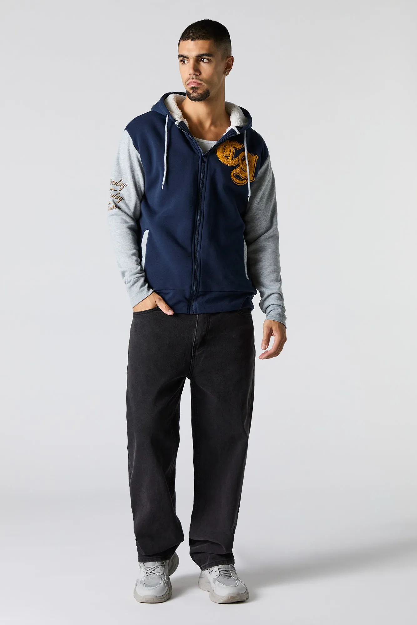 Chenille Embroidered Faux Fur Lined Zip-Up Hoodie sold by Charlotte Russe product image thumbnail 3