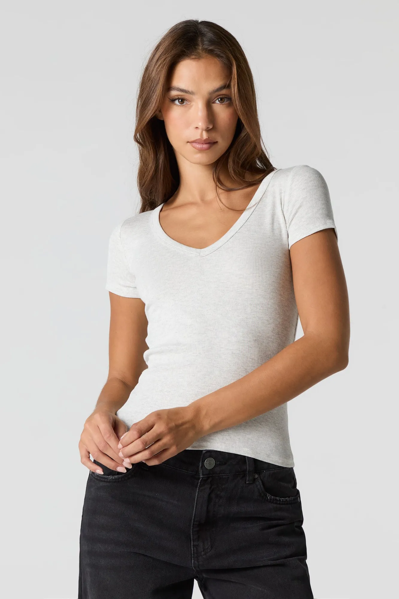 Ribbed V-Neck T-Shirt sold by Charlotte Russe