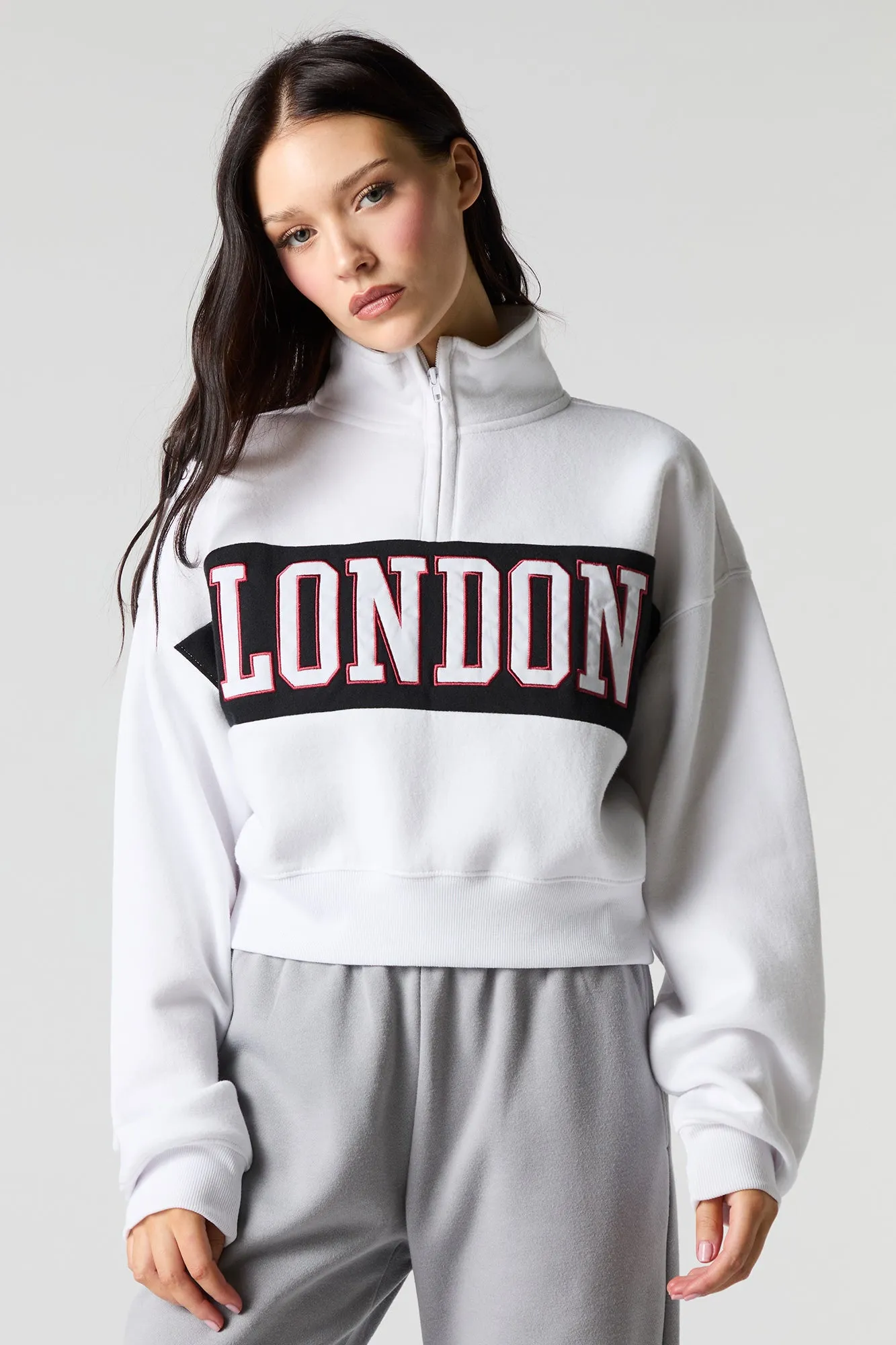 City Twill Embroidered Quarter Zip Fleece Sweatshirt sold by Charlotte Russe product image thumbnail 4