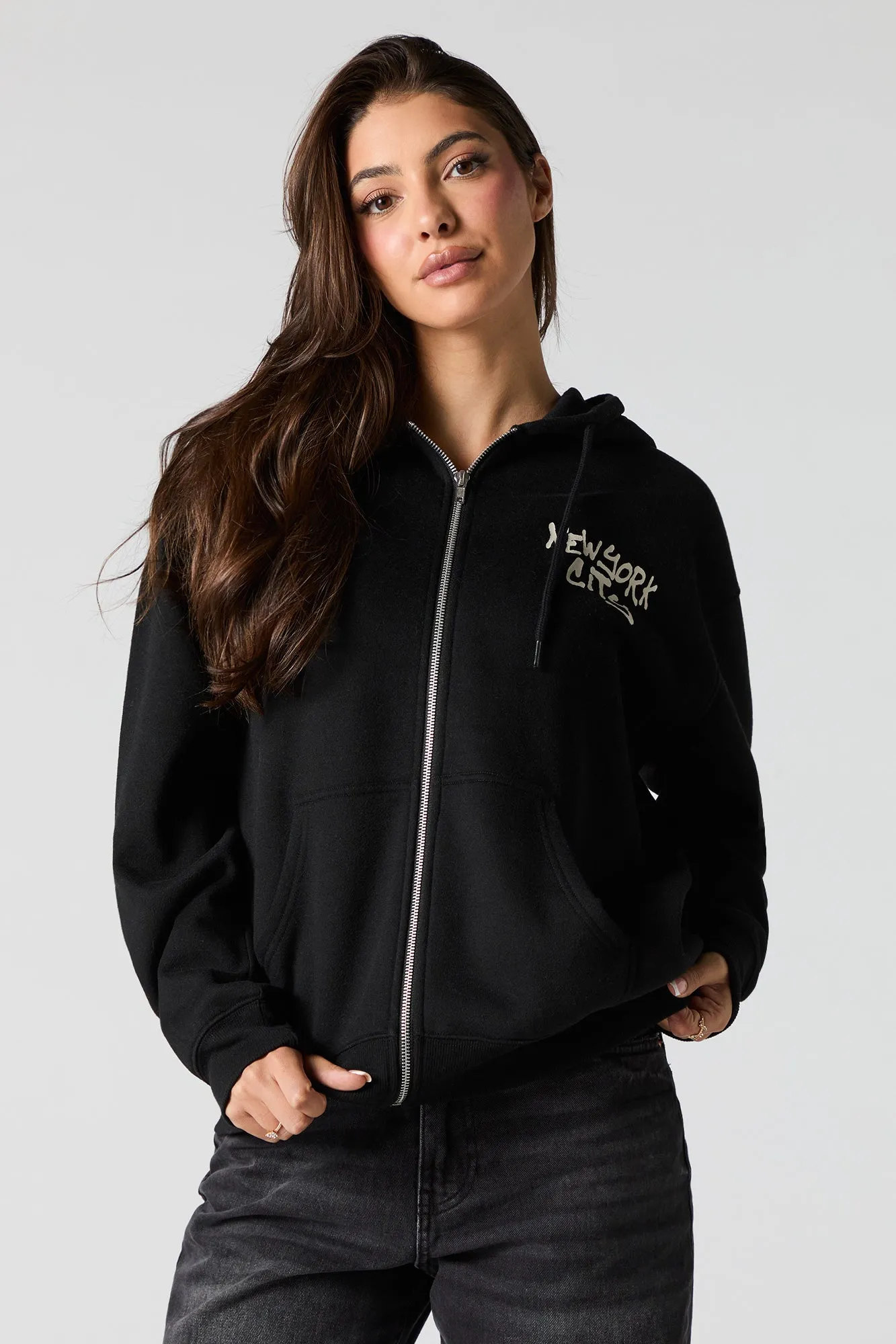 Graphic Fleece Zip-Up Hoodie sold by Charlotte Russe product image thumbnail 5