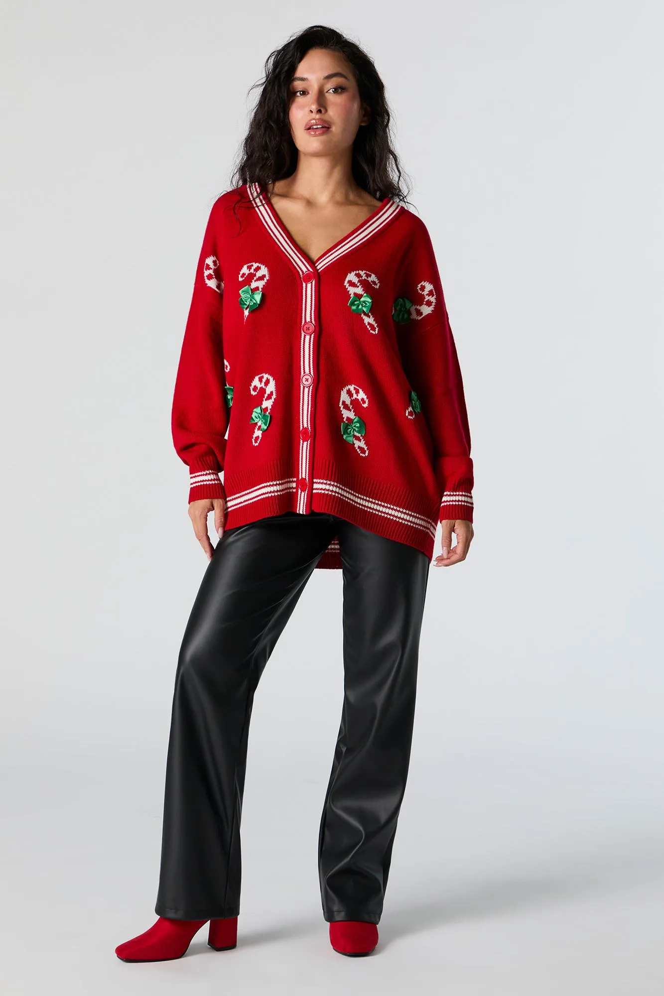 Candy Cane Jacquard Knit Christmas Cardigan sold by Charlotte Russe product image thumbnail 3