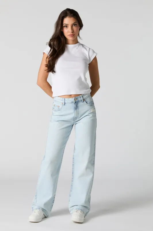 Light Wash Distressed High Rise Wide Leg Jean sold by Charlotte Russe