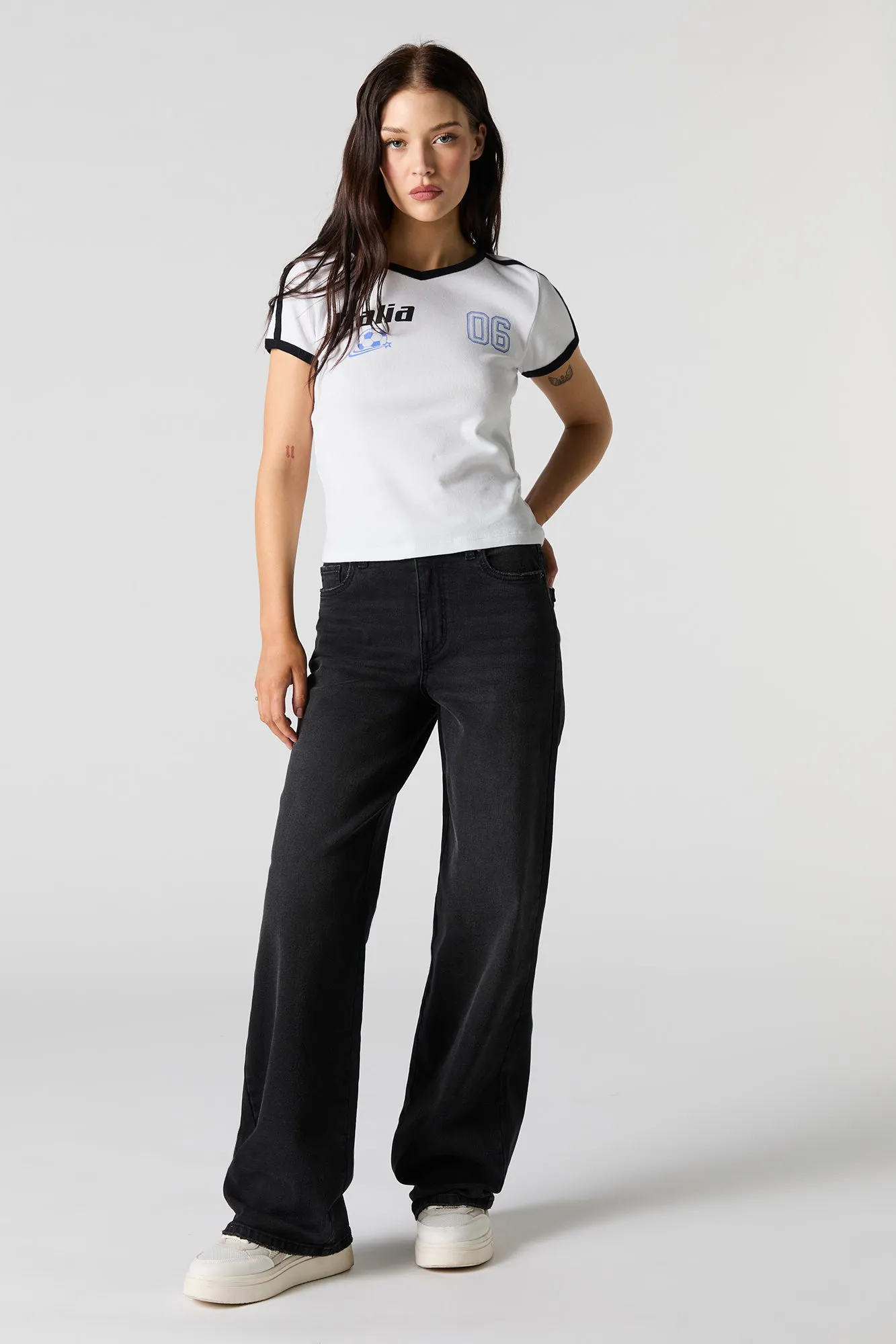 Black Wash Wide Leg Stretch Jean sold by Charlotte Russe