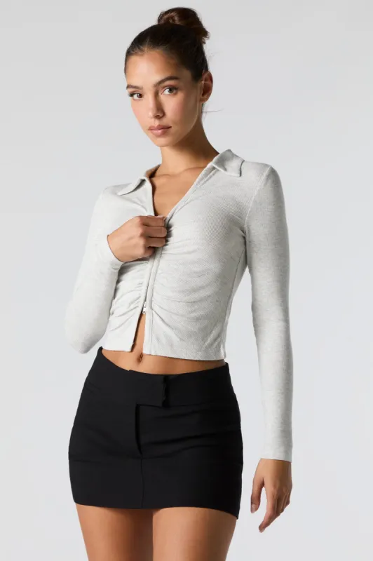 Ribbed Zip Front Collared Long Sleeve Top sold by Charlotte Russe