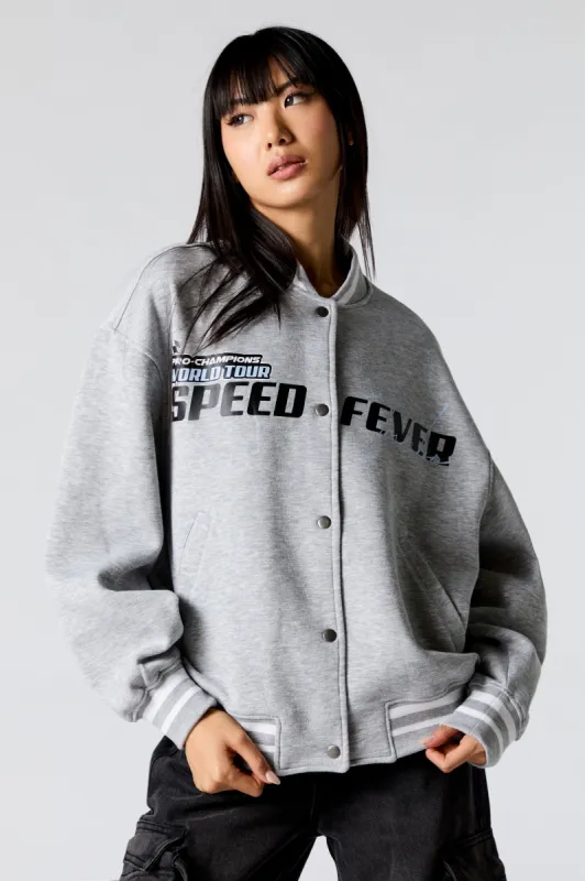 Racing Graphic Fleece Varsity Jacket sold by Charlotte Russe