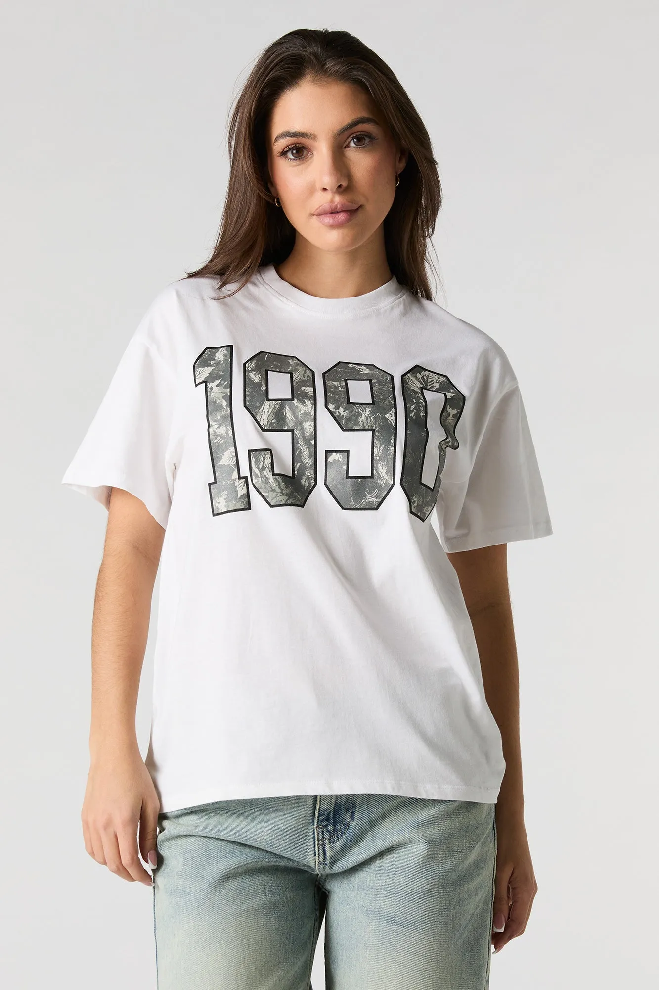Camo 1990 Graphic Boyfriend T-Shirt sold by Charlotte Russe