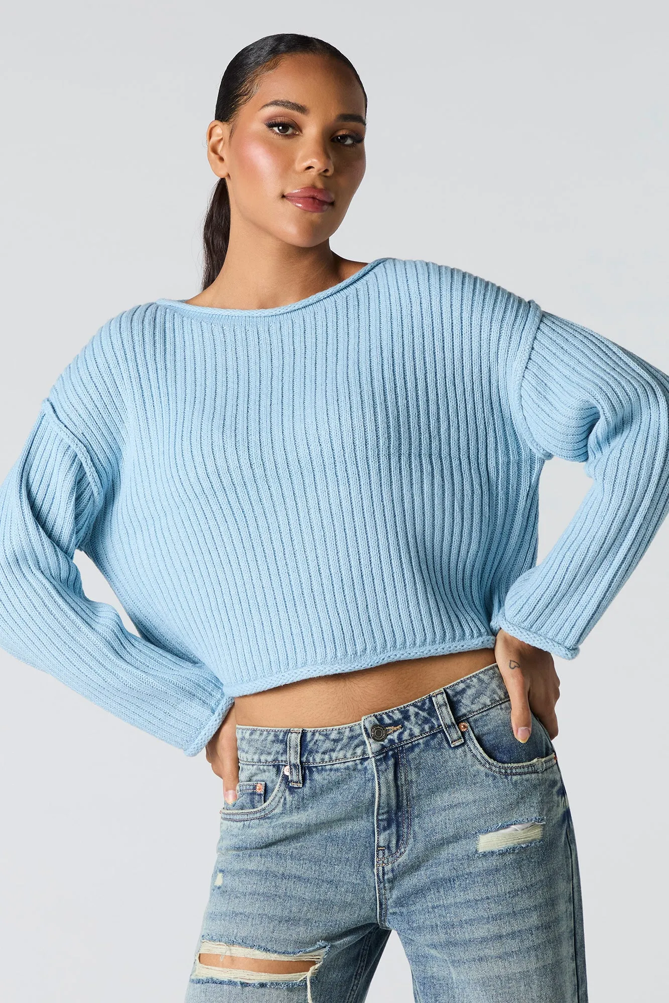 Ribbed Knit Boat Neck Sweater sold by Charlotte Russe