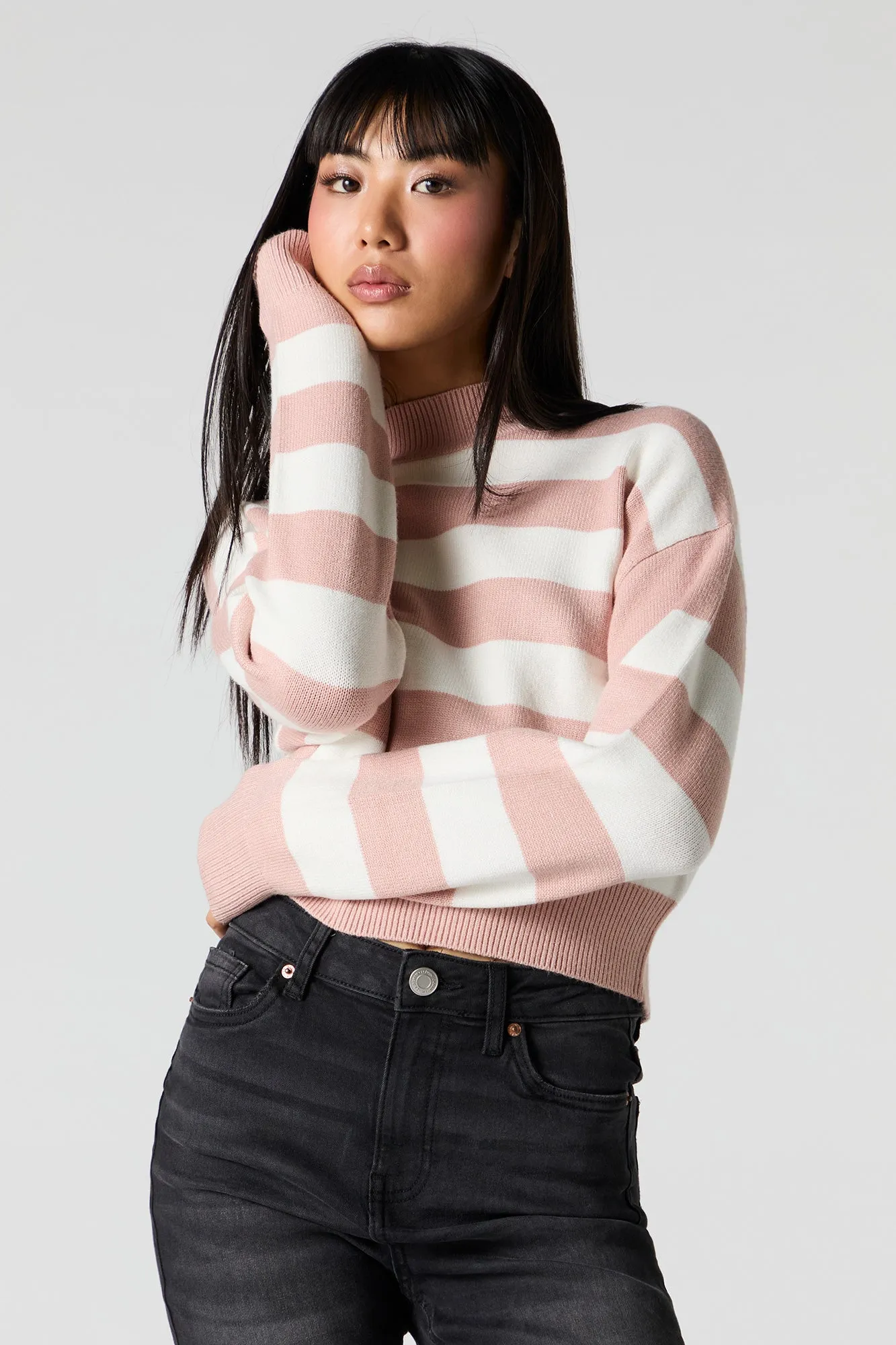 Striped Knit Mock Neck Sweater sold by Charlotte Russe