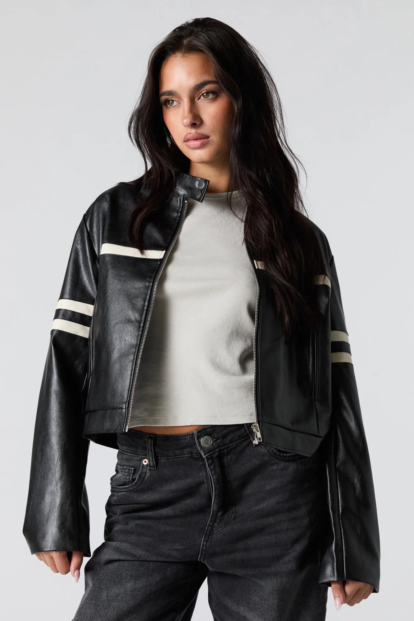 Faux Leather Contrast Striped Moto Jacket sold by Charlotte Russe