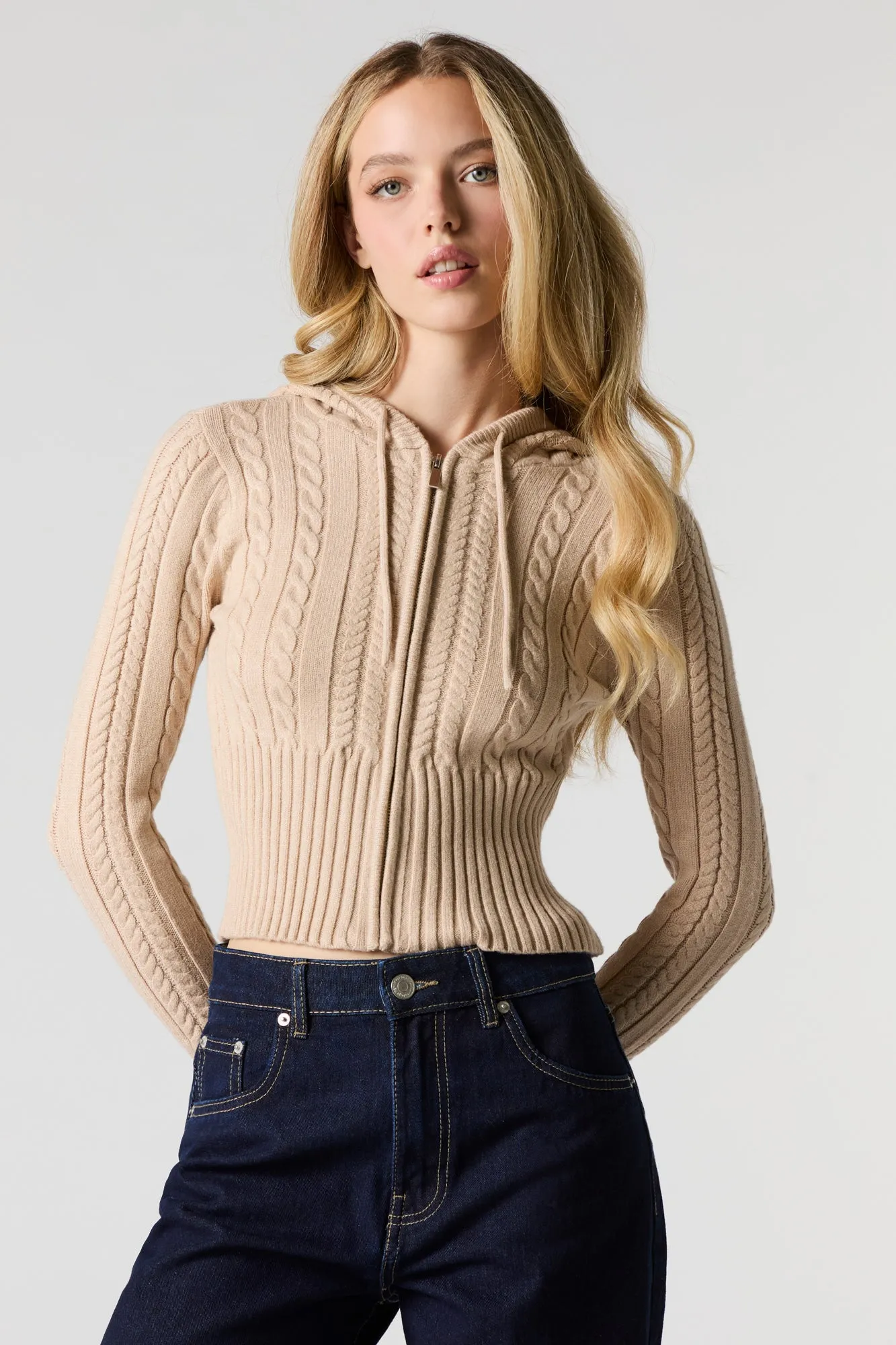 Cable Knit Zip-Up Hooded Sweater sold by Charlotte Russe product image thumbnail 4