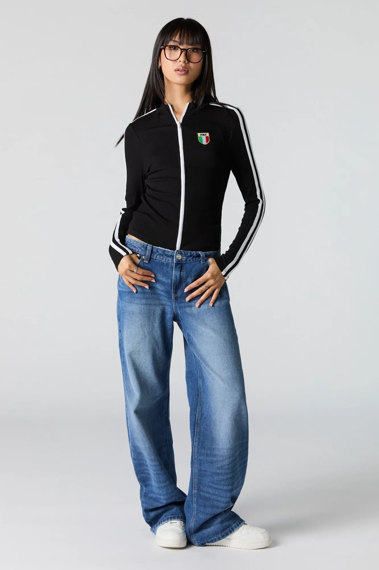 Embroidered Ribbed Zip-Up Sporty Top sold by Charlotte Russe product image thumbnail 4