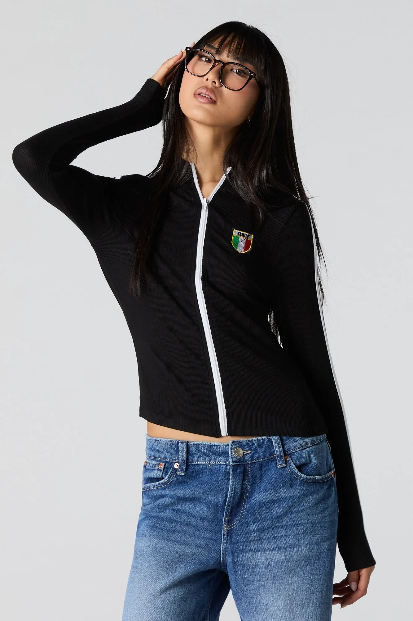 Embroidered Ribbed Zip-Up Sporty Top sold by Charlotte Russe product image thumbnail 2