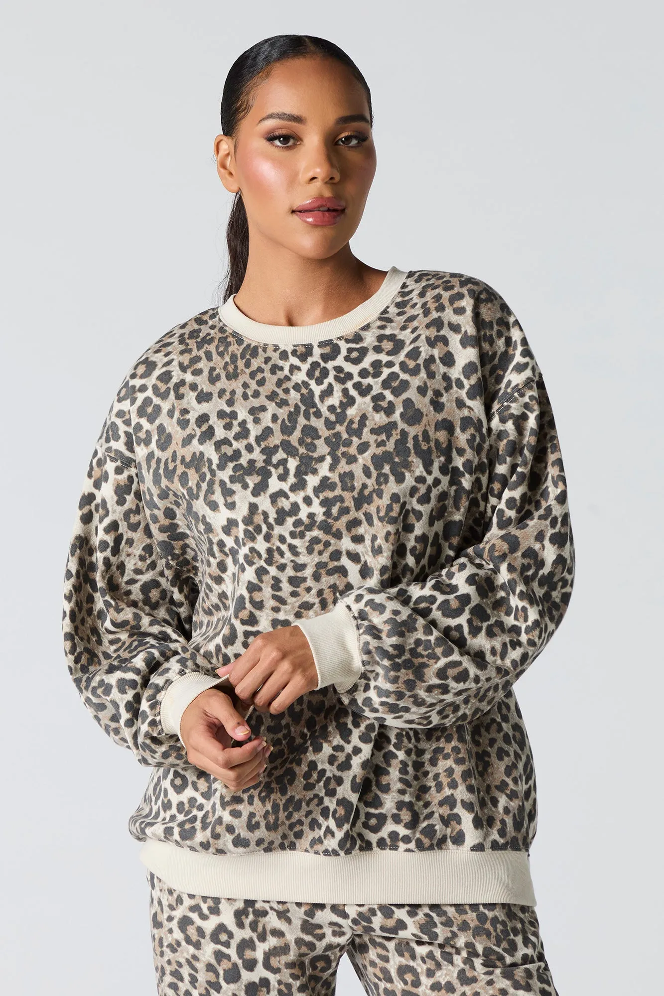Oversized Cheetah Print Fleece Sweatshirt sold by Charlotte Russe product image thumbnail 4