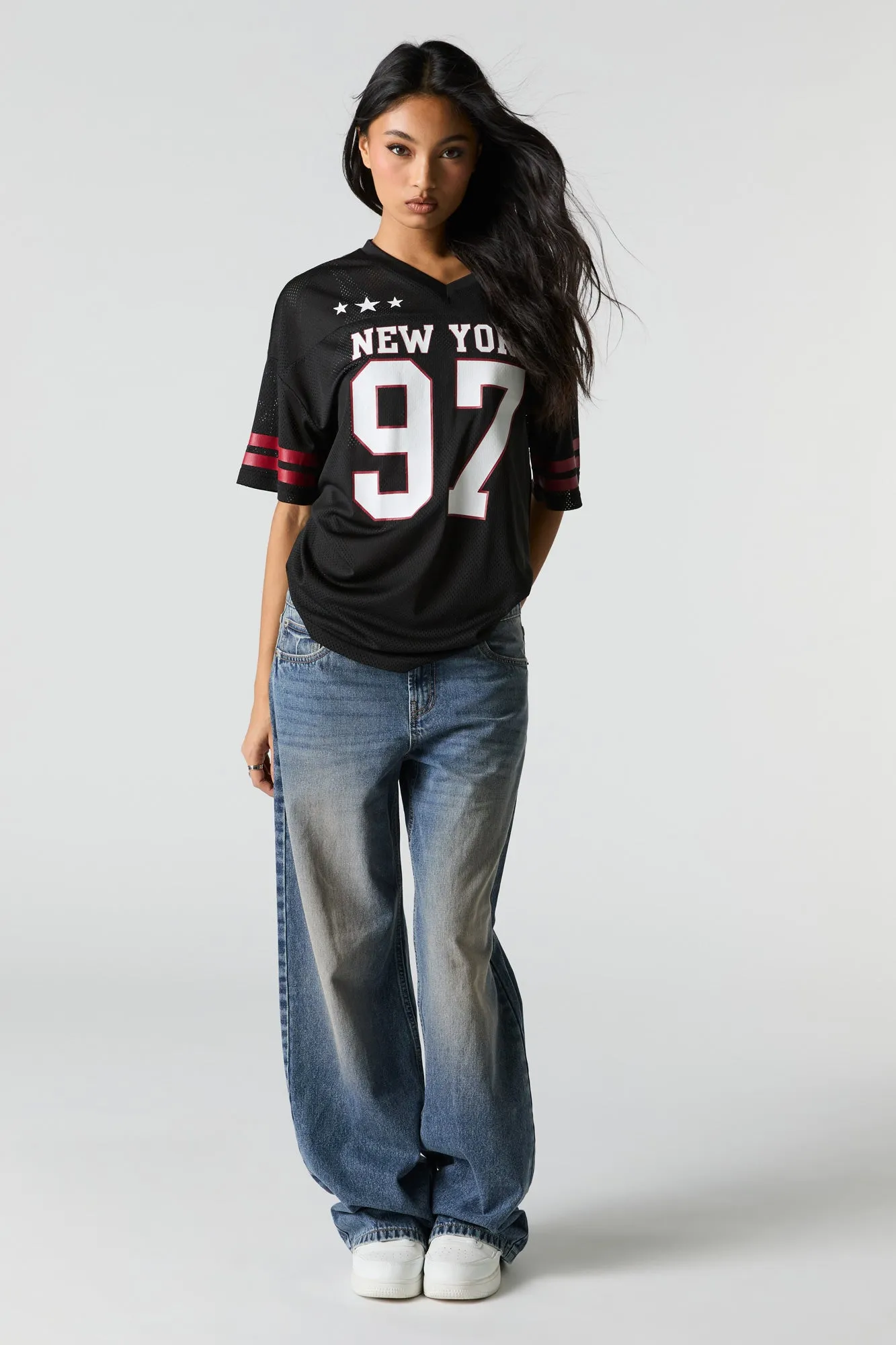 Mesh Sporty Graphic V-Neck Jersey sold by Charlotte Russe product image thumbnail 4